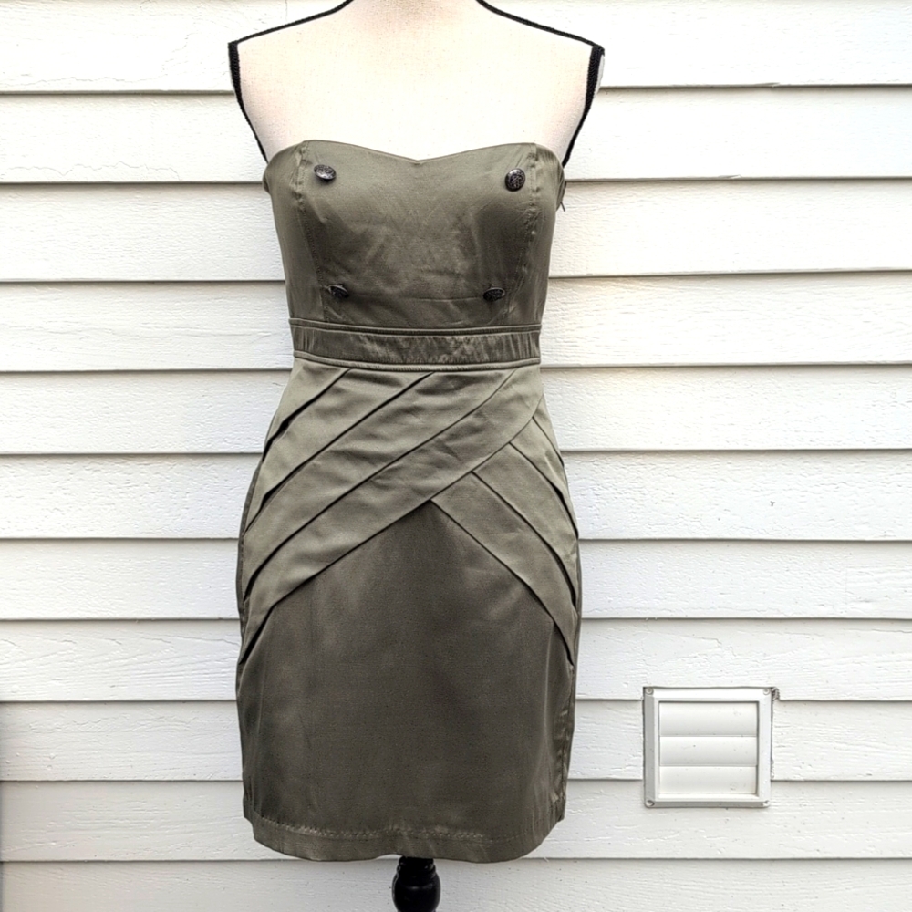 Rhapsody Satin Strapless Cocktail Dress | Juniors Olive Green Strapless Dress